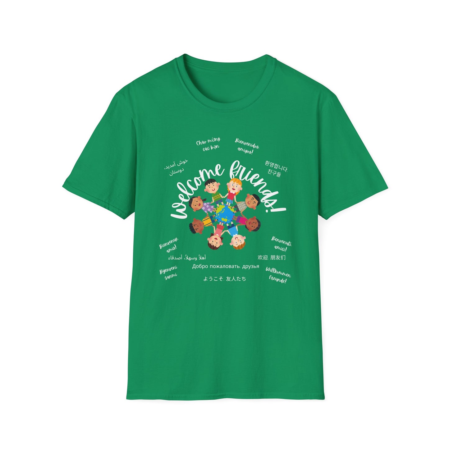 Multicultural Languages Unisex Softstyle T-Shirt - Welcome Friends ESOL Diversity Teachers Gift