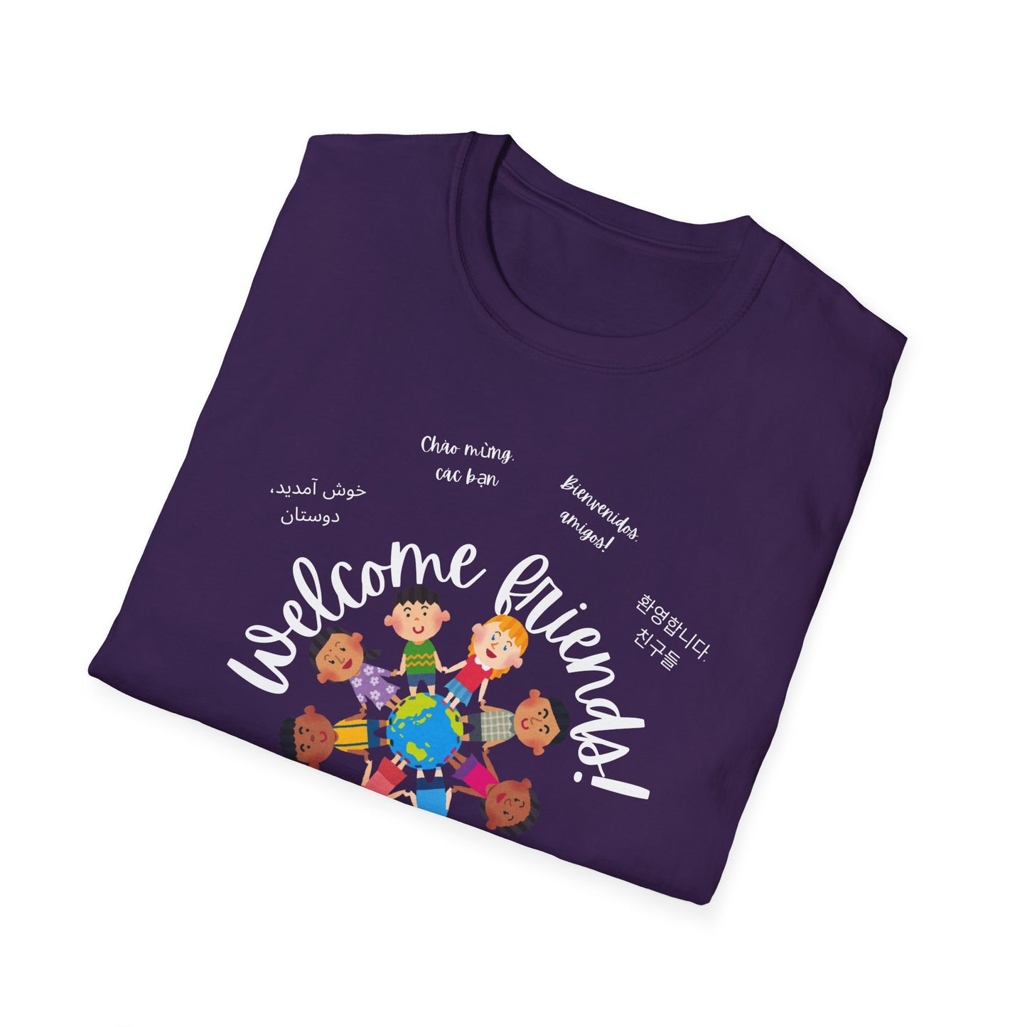 Multicultural Languages Unisex Softstyle T-Shirt - Welcome Friends ESOL Diversity Teachers Gift