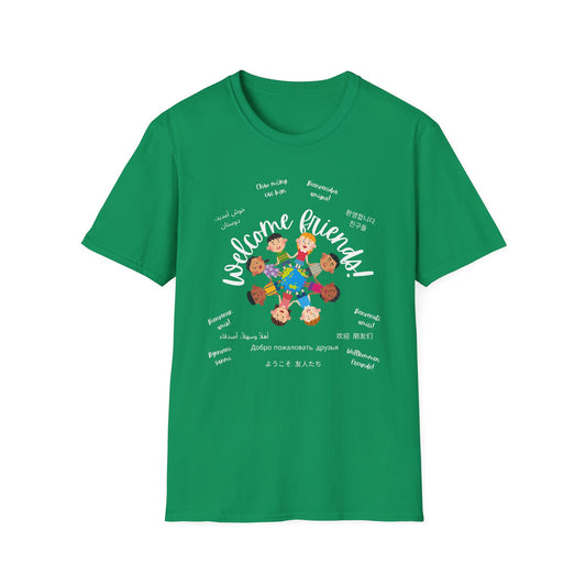 Multicultural Languages Unisex Softstyle T-Shirt - Welcome Friends ESOL Diversity Teachers Gift