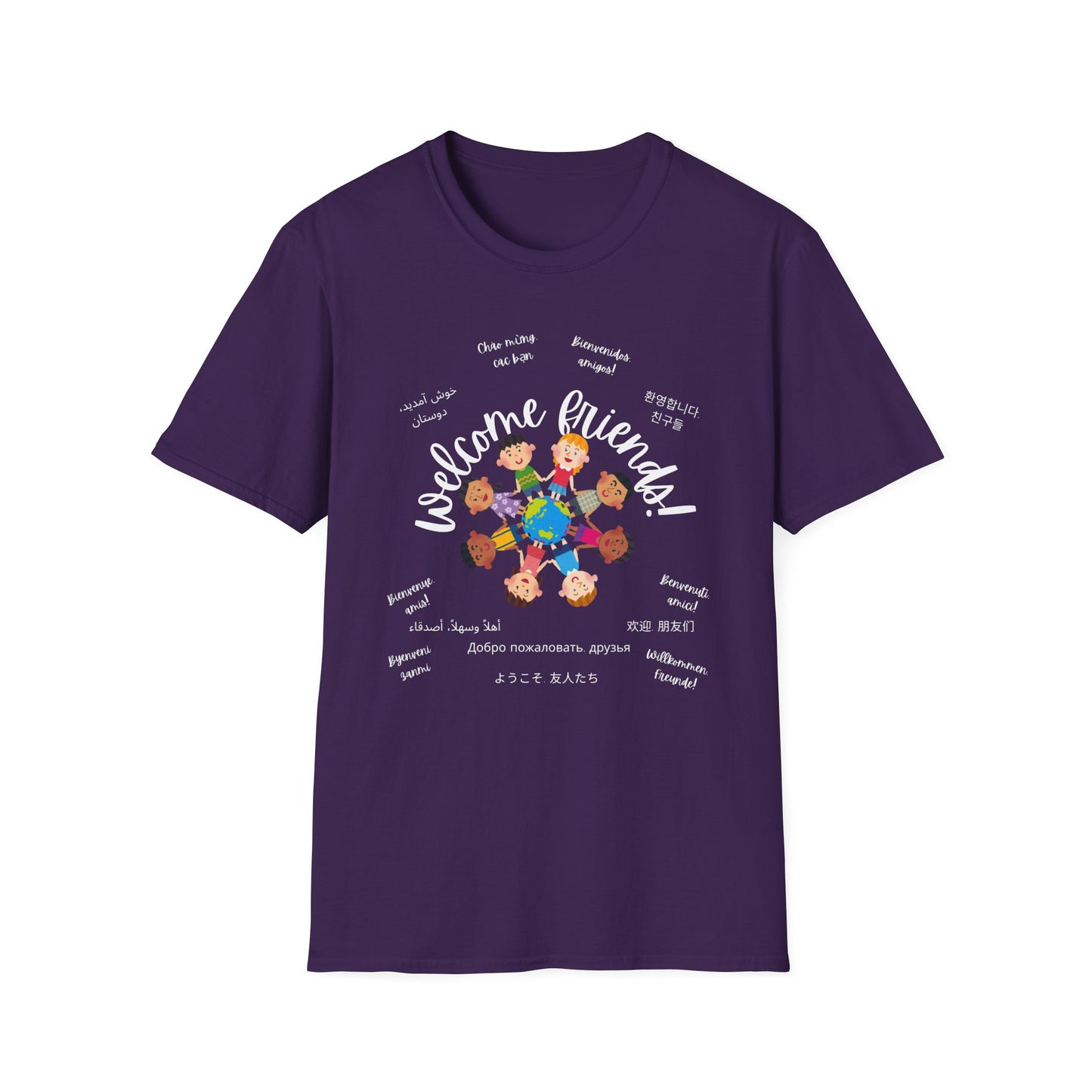 Multicultural Languages Unisex Softstyle T-Shirt - Welcome Friends ESOL Diversity Teachers Gift